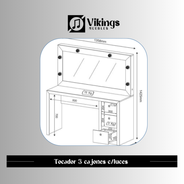 Tocador Tres Cajones con Luces - Imagen 3